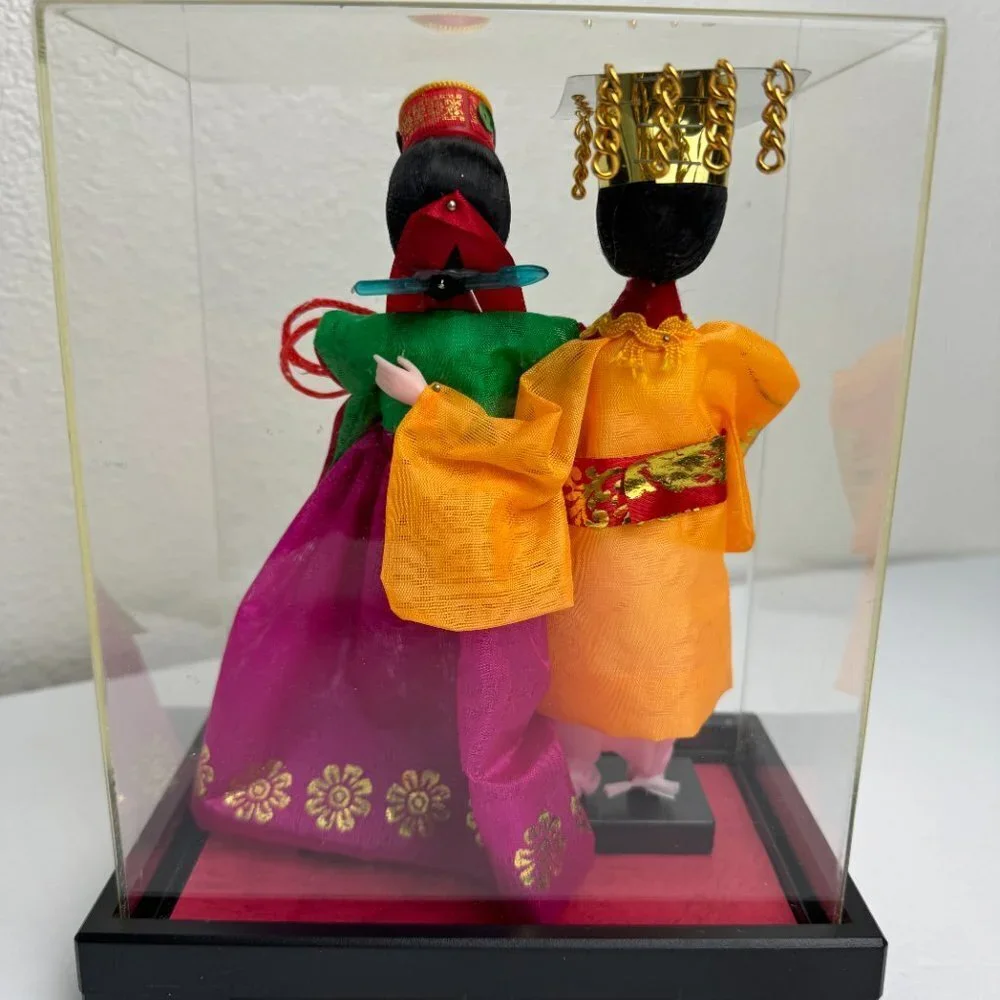 Vintage Korean Native Dolls Vibrant Colors in Plastic Display Case Made in Korea